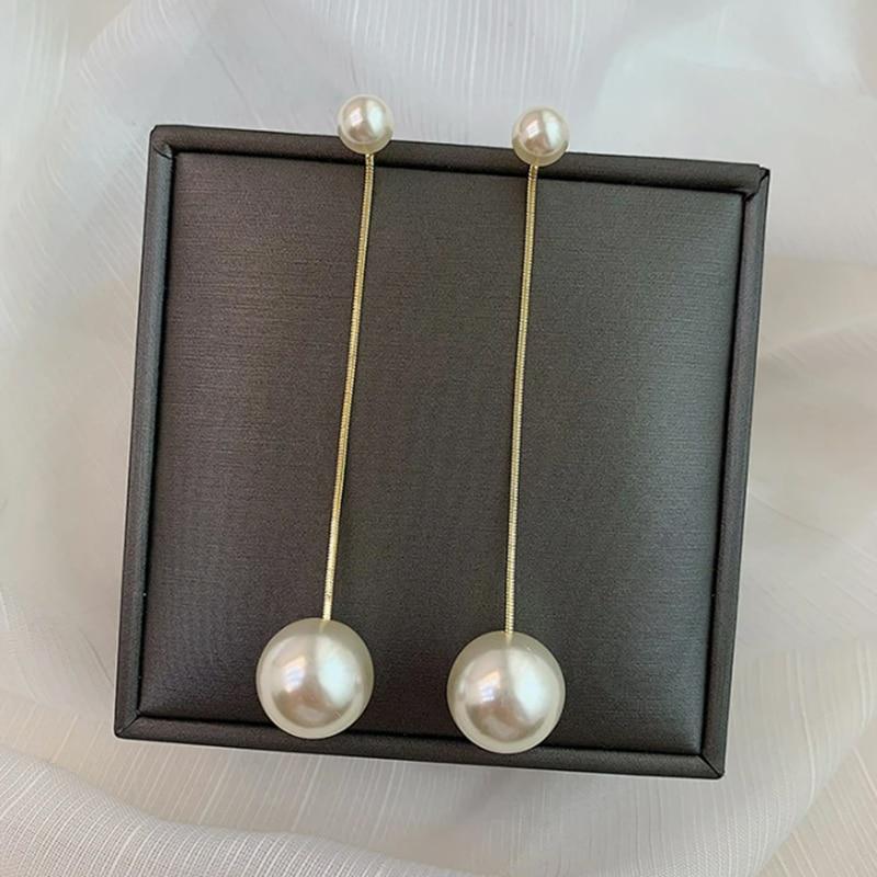 Cercei Dama Minimalist Long Pearl Earrings, I Love Pearls Theme, Gold Color, Elegant Fashion Jewelry EFAYN