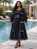 Elegant European & American Lace Hollow Long Party Dress with Wide Hem & Belt (2026)