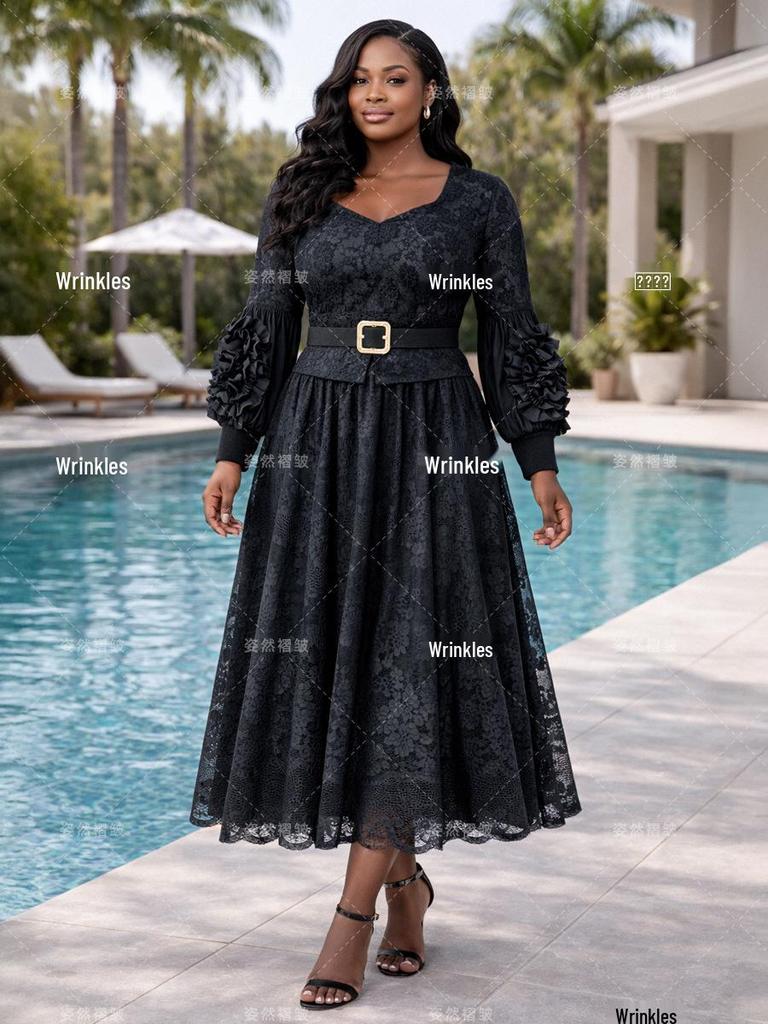 Elegant European & American Lace Hollow Long Party Dress with Wide Hem & Belt (2026)