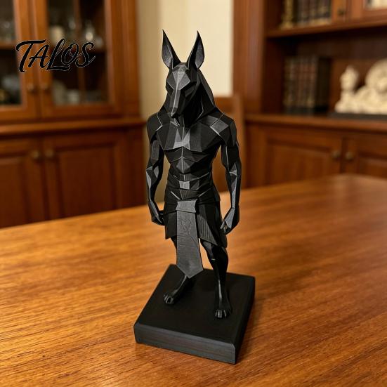 Egyptian God Anubis Decor 3D Printed Statue Desk Sculpture with Stable Square Base Matte Office Ornament Black Minimalist Low-Polygon Design for Home