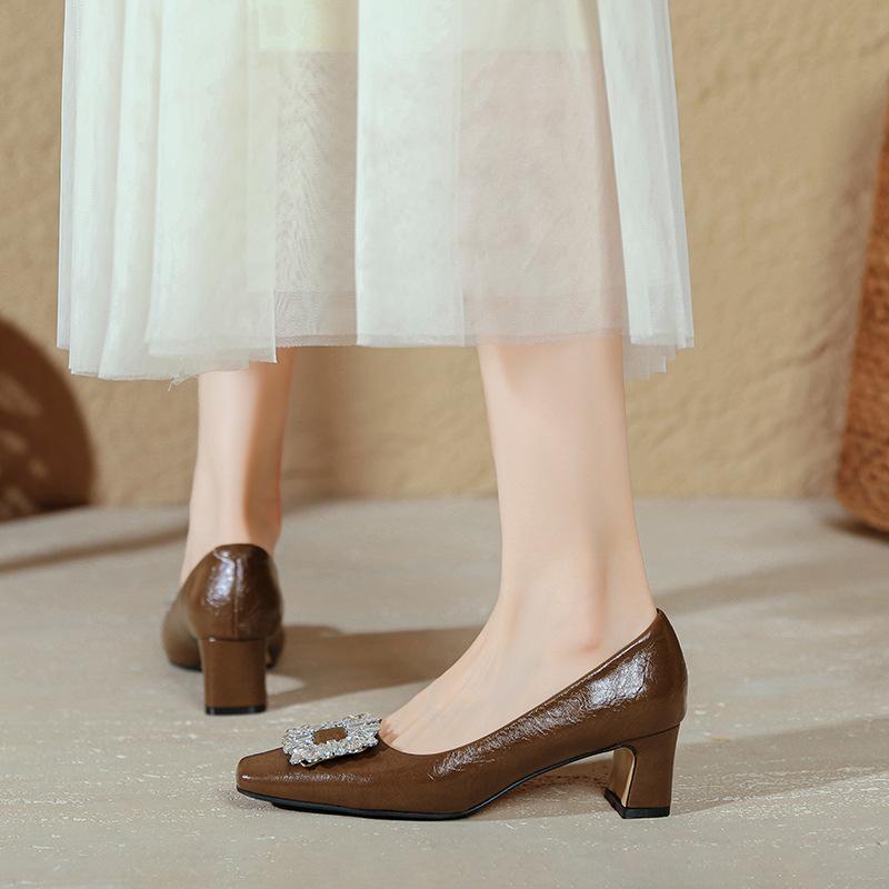Square head high heels thick heel spring and autumn large size shoes rhinestone square buckle burgundy medium heel light mouth single shoes