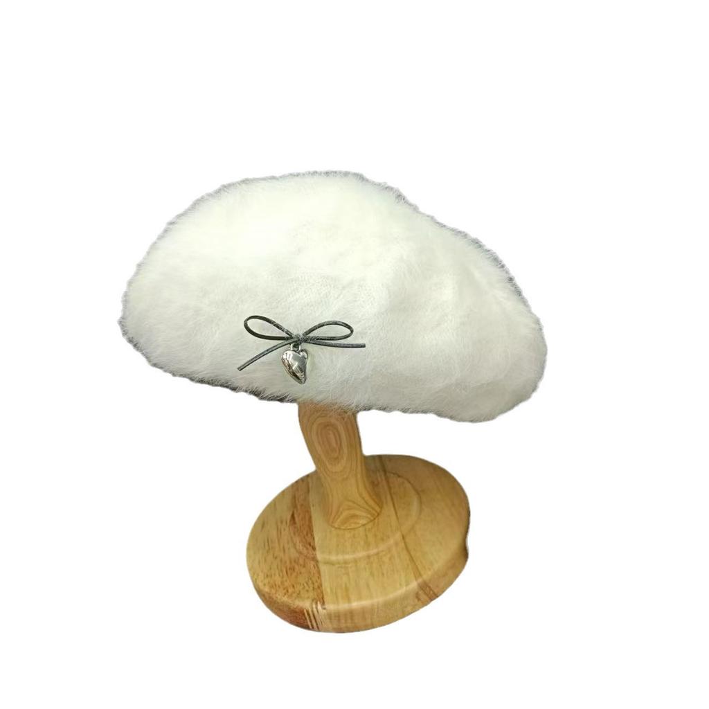 Korean Version of Versatile Bow with Rabbit Fur Backwards Beret White Women's New Winter Sweet and Cute