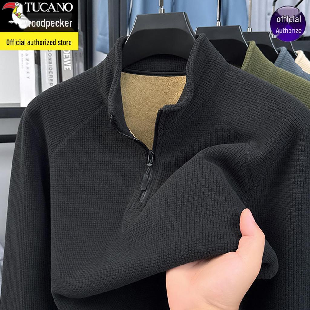 Woodpecker Men's Thick Velvet Fleece Hoodie with Half-Zip and Stand Collar for Autumn/Winter 2025