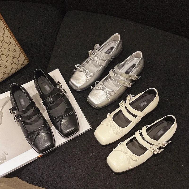 Mode Damenmode Einzelne Schuhe Frühling Neu Quadratische Zehenpartie Flacher Ausschnitt Schmetterlingsknoten Weiche Sohle Rutschfest Verschleißfest Flache Schuhe