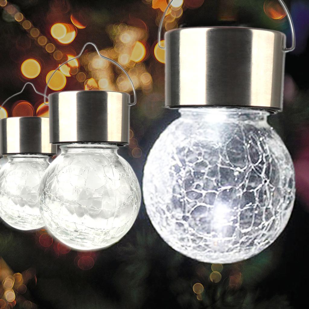 Solar Hanging Light Outdoor Cracked Glass Ball Lantern for Yard Patio Fence Tree White Light