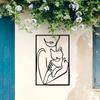 Modern Metal Wall Art Black White Line Art Female Silhouette Holding Cat Framed Square Decor Living Room Bedroom Office