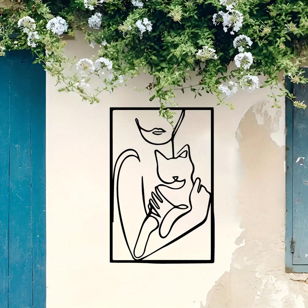 Modern Metal Wall Art Black White Line Art Female Silhouette Holding Cat Framed Square Decor Living Room Bedroom Office