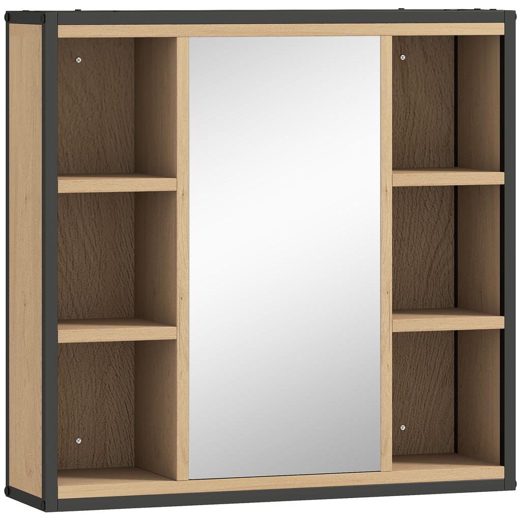 Badezimmerspiegel-Schrank, 6 offene Fächer, 3-stufiges Regal, Wandmontage, Eiche
