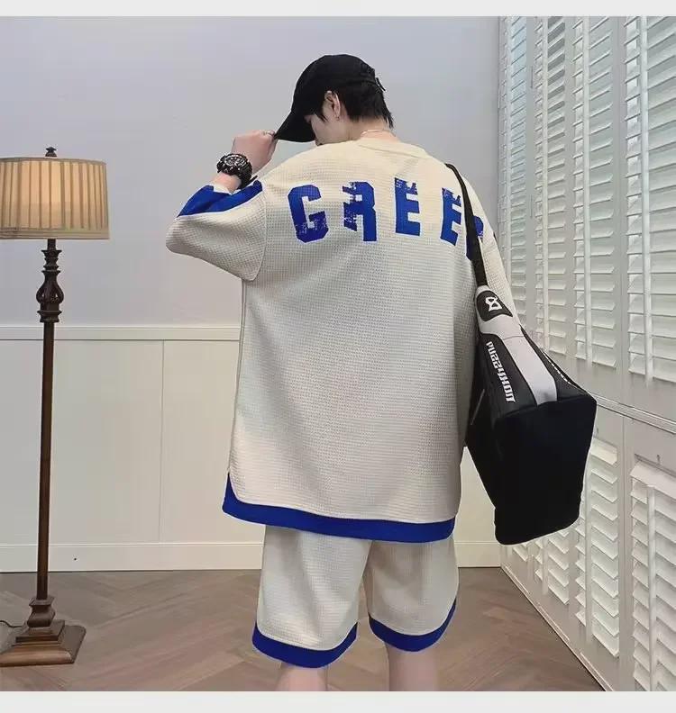 Trendy Korean Hip-Hop Men's Summer Waffle Print Five-Point Sleeve Top