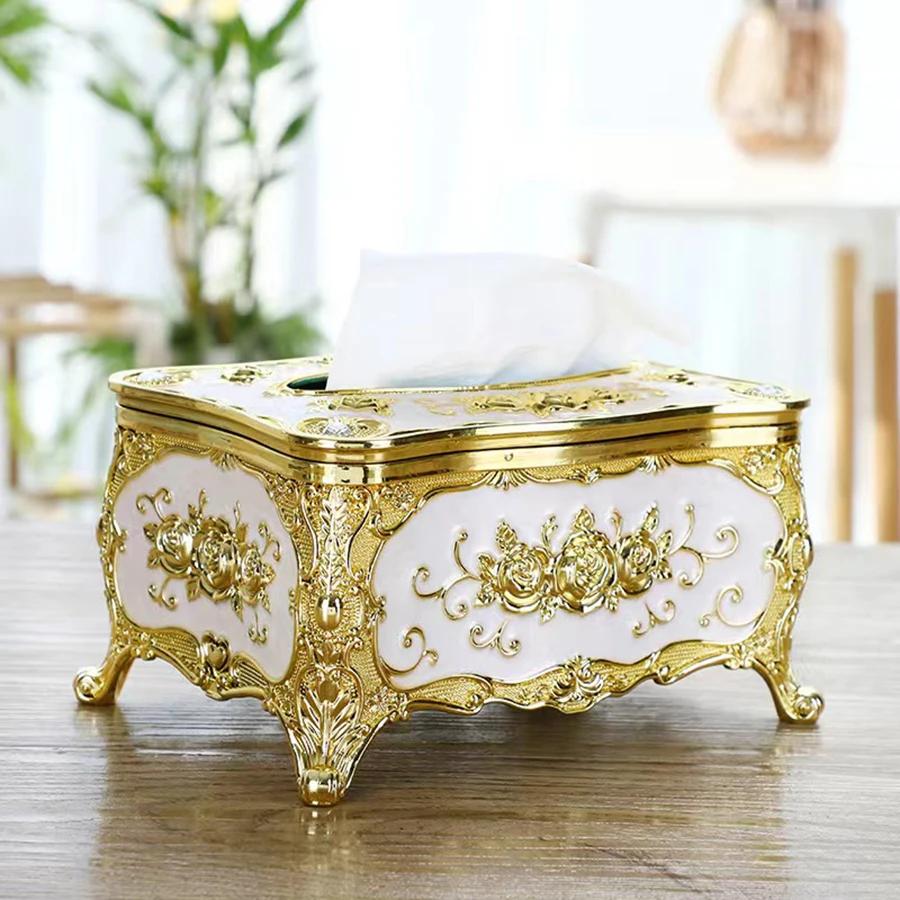 European-style Tissue Box Living Room Desktop Tissue Box Retro LuxuryTissue Case Rose Patterned Napkin Holder Home Decoration