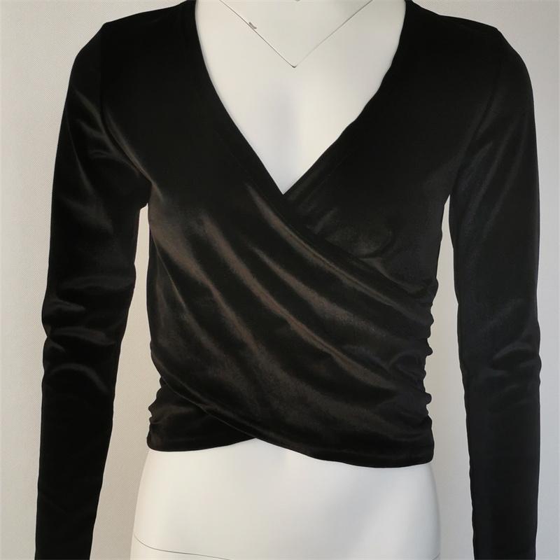 Tricou de damă, toamnă iarnă, din catifea aurie, cu decolteu în V, scurt, sexy