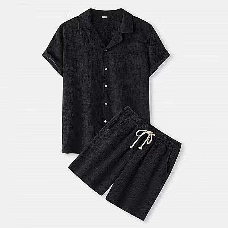 Summer Mens Solid Color Sets Fashion Lapel Short Sleeve Shirt Shorts Set Man Casual Daily Wear Street Breathable Lightweight Two Piece Outfit