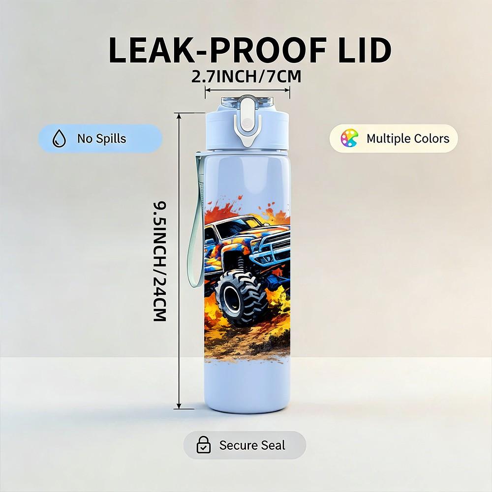 1PC Mud Splash Monster Truck Print 750ml Color Plastic Sports Water Bottle Leakproof Flip Straw Lid Suitable for Sports Office Home Use