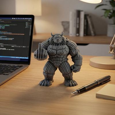 3D Printed Bull Figurine Novelty Middle Finger Bull Demon Statue Funny Muscle Bull Sculpture for Office Shelf Desk Decor