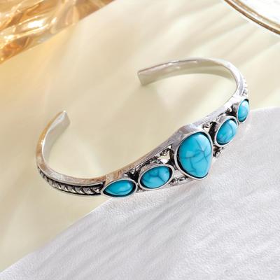 Böhmisches Retro Türkis Geschnitztes Geometrisches Offenes Armreif Armband