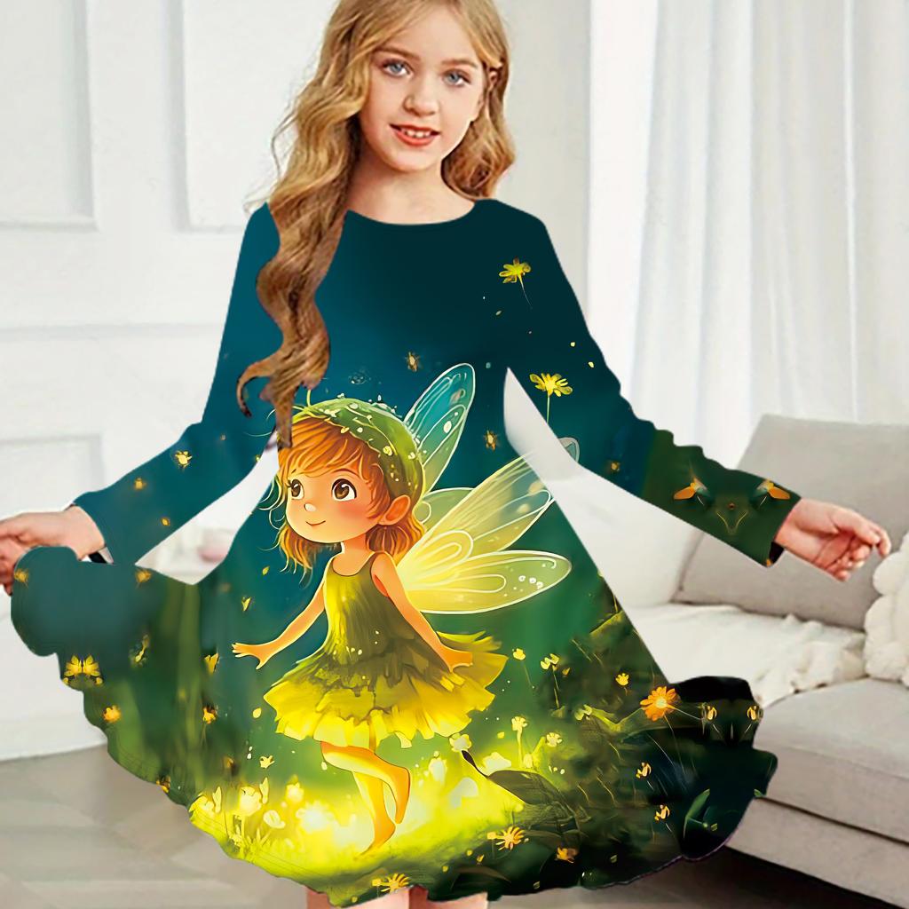 Mädchen Casual Blumenfee Druck Rundhals Langarm Kleid Kind Prinzessin Kleid