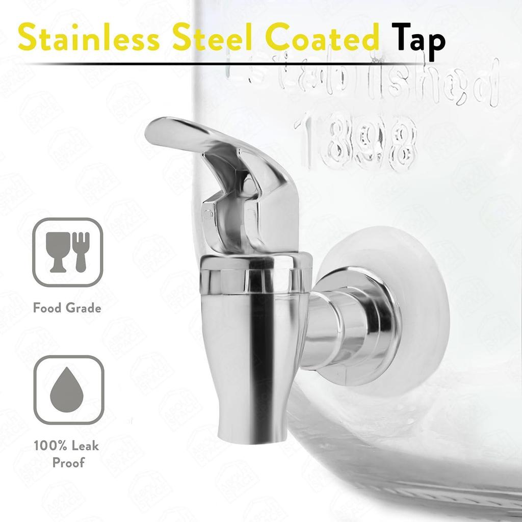 5 Litre Glass Water Dispenser with Tap, Infuser & Stand - Air Tight Lid Detox Water Jar - Mason Jar - Counter Tabletop Juice