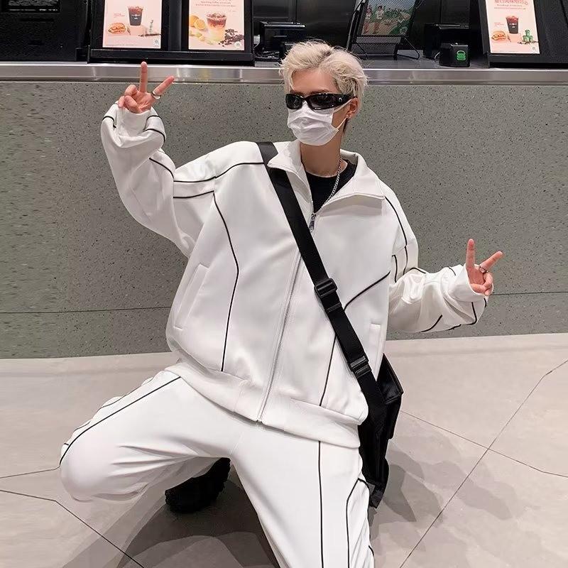 Pánská trendy volná bunda a kalhoty: Korejský styl jednobarevný na jaro a podzim