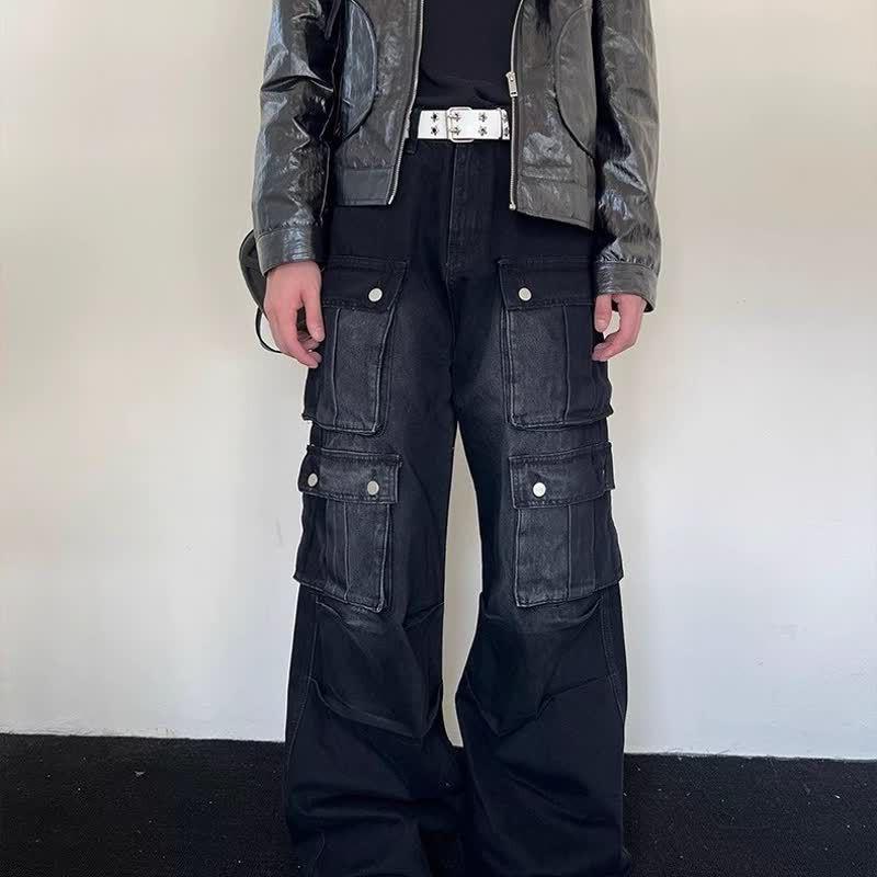 Mens Vintage Loose Fit Straight Leg Denim Cargo Pants With Multiple Pockets - Collection