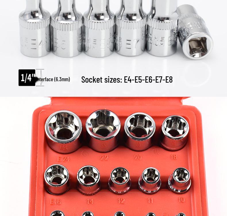 14-Piece Torx Star Hex Socket Set - E-Type Flower-Shaped, 1/2, 3/8, 1/4 Inch Sizes