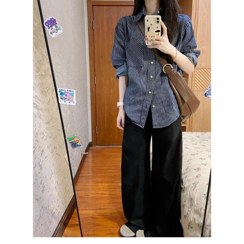 Retro Blue Striped Shirt Women's Spring and Autumn New Loose Casual Shirt Jacket
