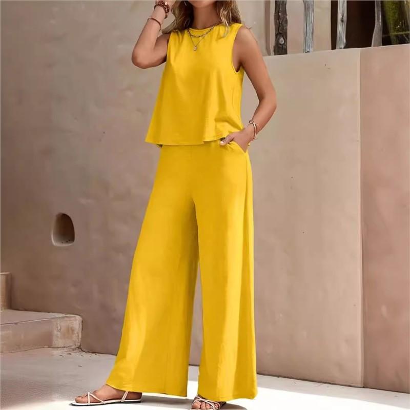 

Женский летний повседневный однотонный элегантный комплект из двух предметов: майка с круглым вырезом и брюки палаццо. Комплекты из 2 предметов. Свободная одежда в стиле бохо для отпуска. Женская одежда L жёлтый