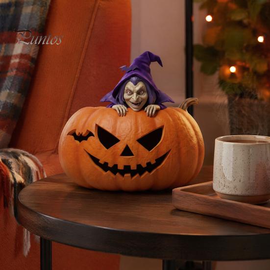 Realistic Witch Figurine Halloween Resin Pumpkin Figurine, Spooky Bat Detailed Tabletop Decor, Stable Compact Sculpture Base Mini Statue for