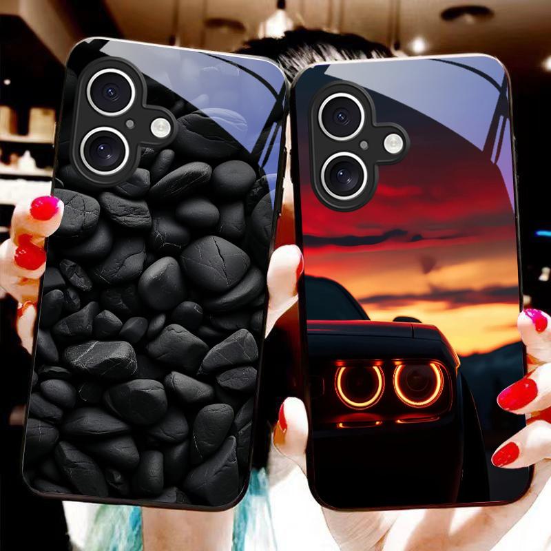 Black Apple Stone For Apple IPhone 16E 16 E 11 13 15 P Ro 14 Pro Max 12 Mini 7 8 Plus XR X XS Black Tempered Glass Phone Case