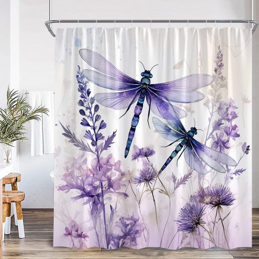 Vintage Dragonfly Shower Curtain Insect Plant Purple Flower Wistera Daisy Bathroom Decor Polyester Bathtub Curtain with Hooks