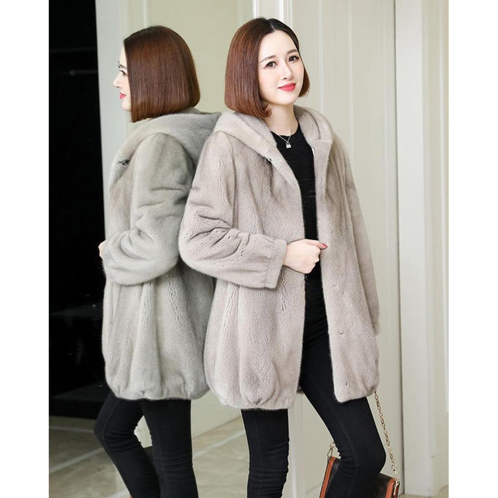 Hooded mid-length imitation mink fleece coat