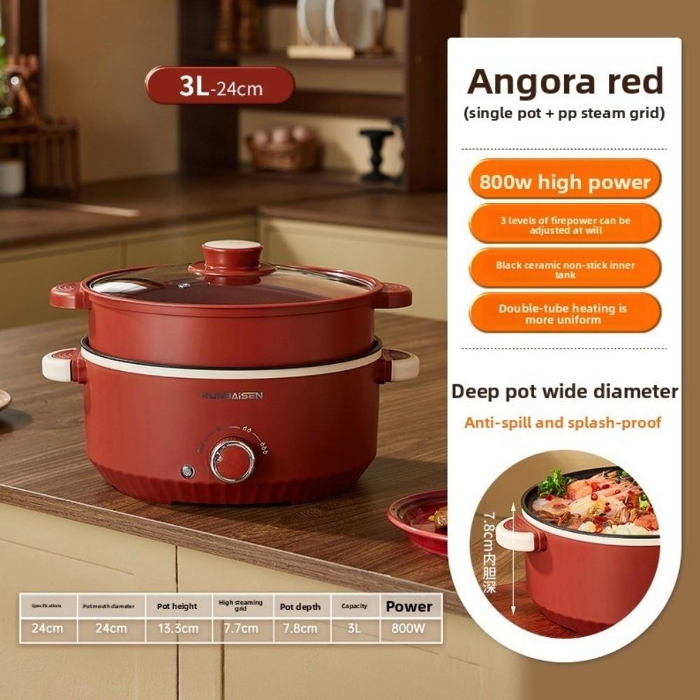 with Lid Mini Electric Pot 1000W Sukiyaki Hot Pot Red Electric Boiling Steamer Household 24cm