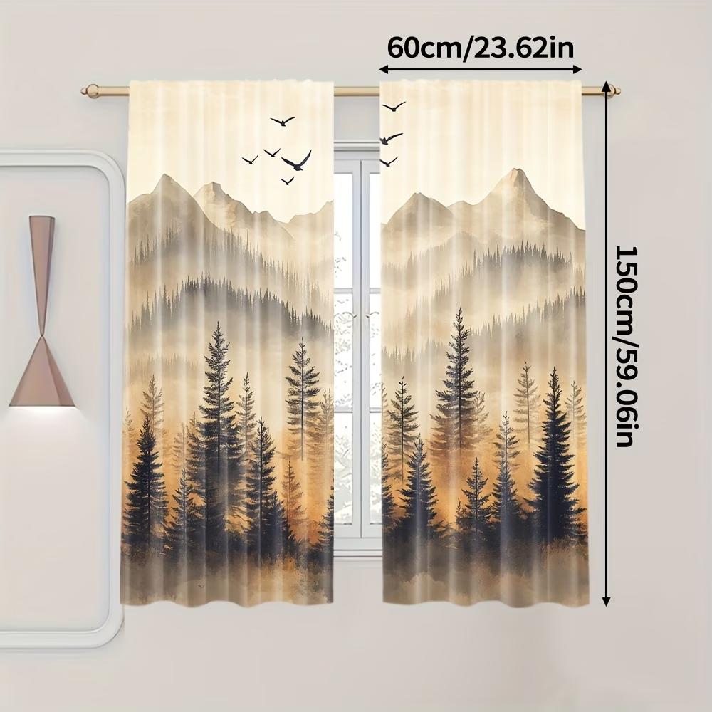 2PCS Digital Printed Curtains, Mountain Forest Flying Birds Nature Scene, Window Drapes for Living Room Bedroom Home Decoration