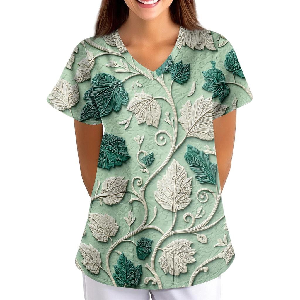 Women's Floral Print Loose Fit V Neck Short Sleeve Medical Scrub Top with Pockets for Healthcare Professionals Comfortable Workwear