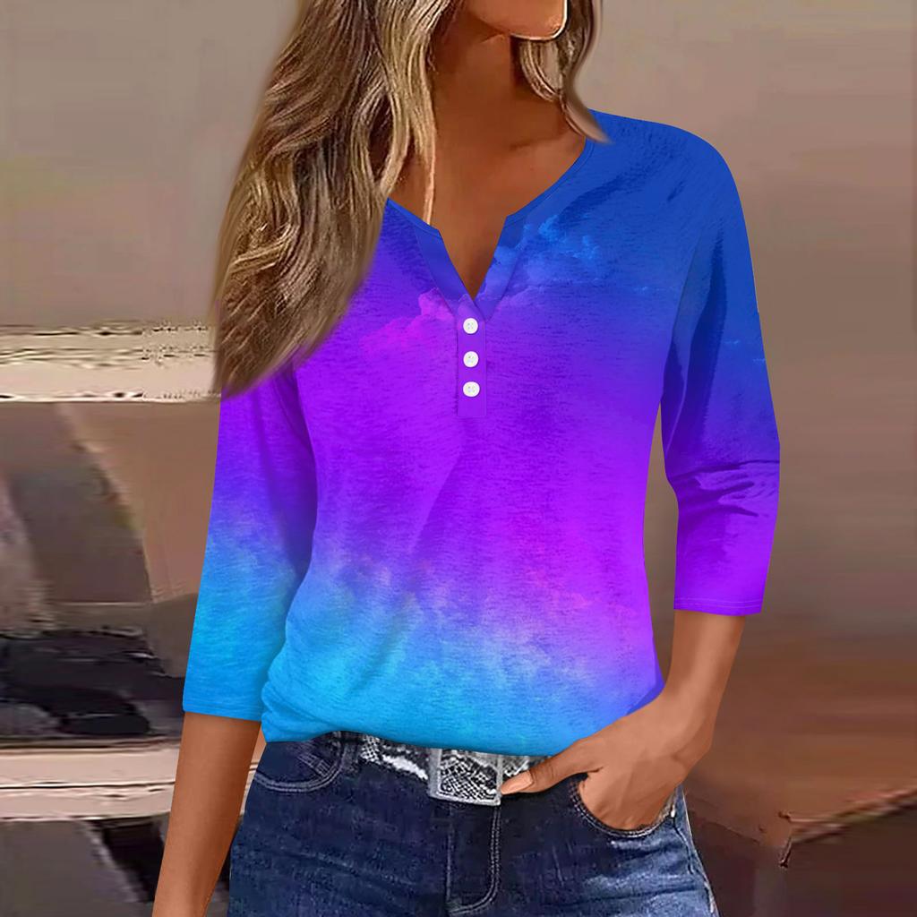 Damen T-Shirt mit Aufdruck, Knopfleiste, 3/4-Ärmel, modisch für den Alltag und das Wochenende, Basic, V-Ausschnitt, normales Oberteil