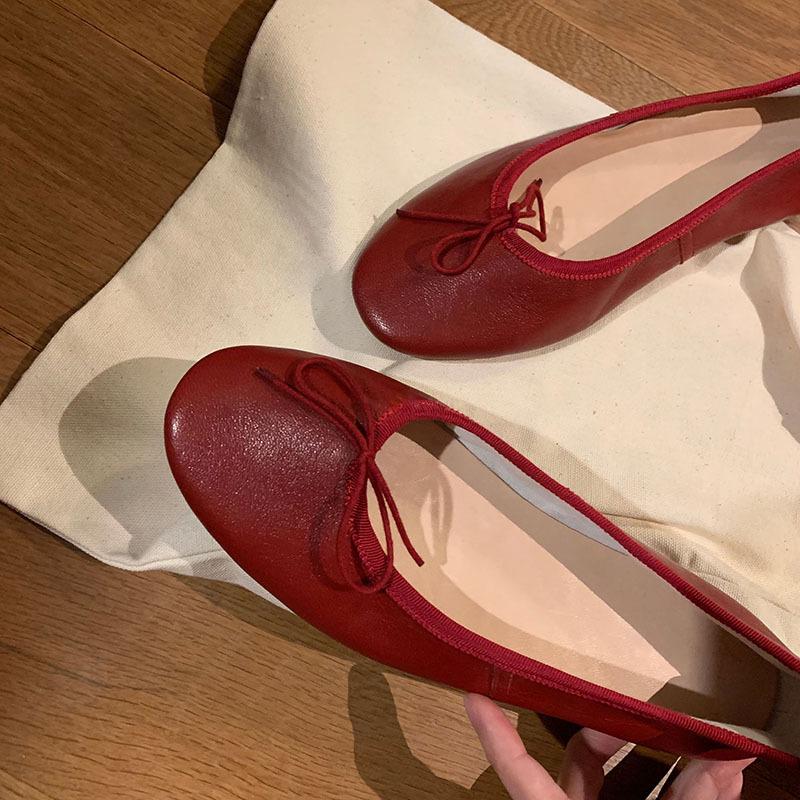 Sheepskin version~ leather flat-bottomed bow light-mouth single shoes women's 2025 new temperament evening shoes ladyshoes grandma shoes