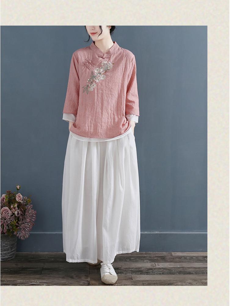 Damen Retro Baumwoll-Leinen-Hemd: Bestickt, Chinesischer Stil, Stehkragen, Dreiviertelärmel, Lockere Passform, Frühlings- & Sommeroberteile