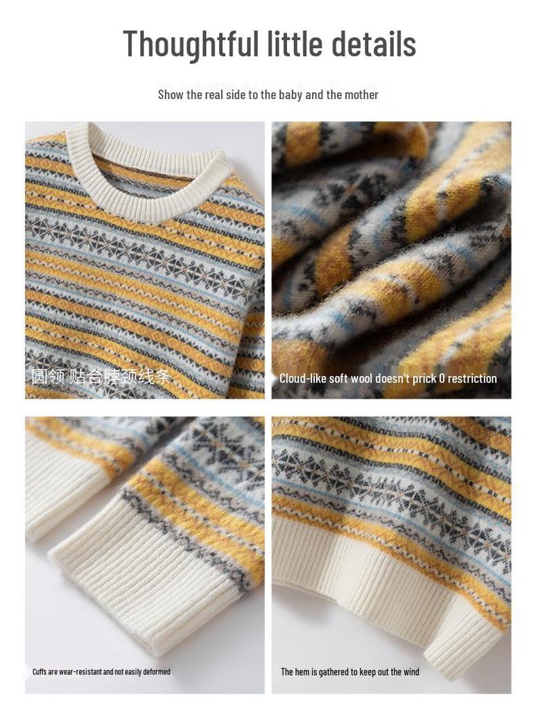 Children’s Pure Wool Fair Isle Sweater - Warm Thickened Knit with Round Neck for Autumn/Winter 2025