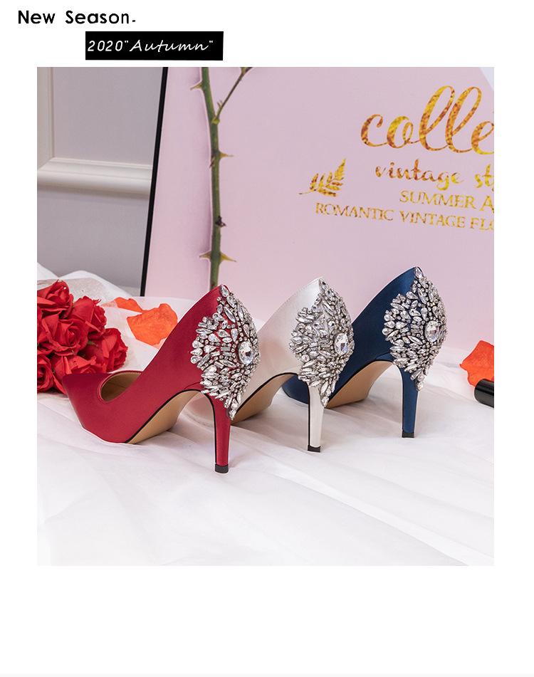 2025 New Pointed Thin Heels High Heels Satin Surface Large Rhinestone Buckle Women's Single Shoes Wedding Shoes Bridesmaid Rhinestone Fashion Shoes