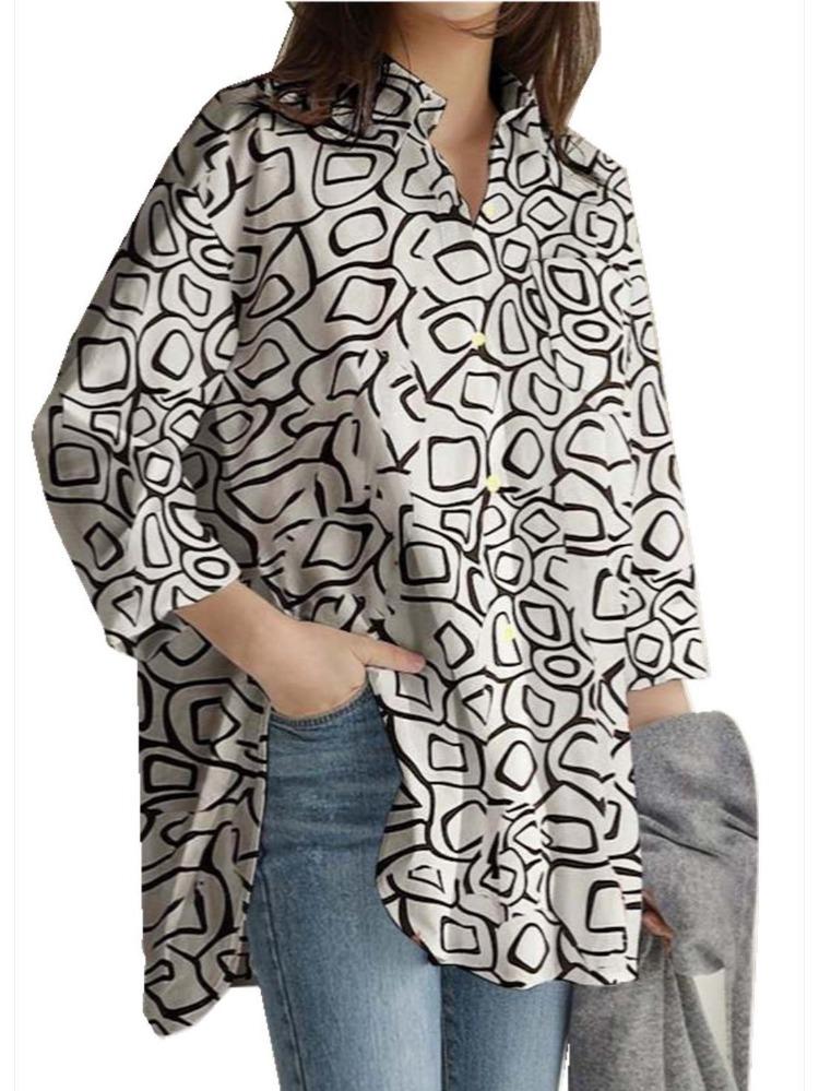 2026 Spring Fashion Long Sleeve Printed Lapel Tops for European American Office Ladies