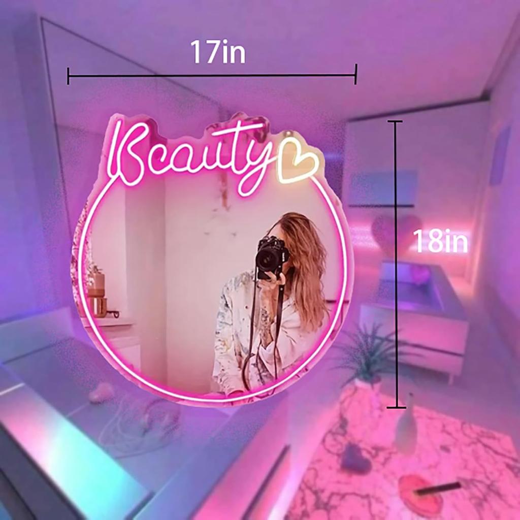 Beauty Neon Mirror Sign for Wall Decor USB Powered LED Pink Neon Light Heart Neon Light Signs for Girl's Room Bedroom Salon Decor Wedding Birthday