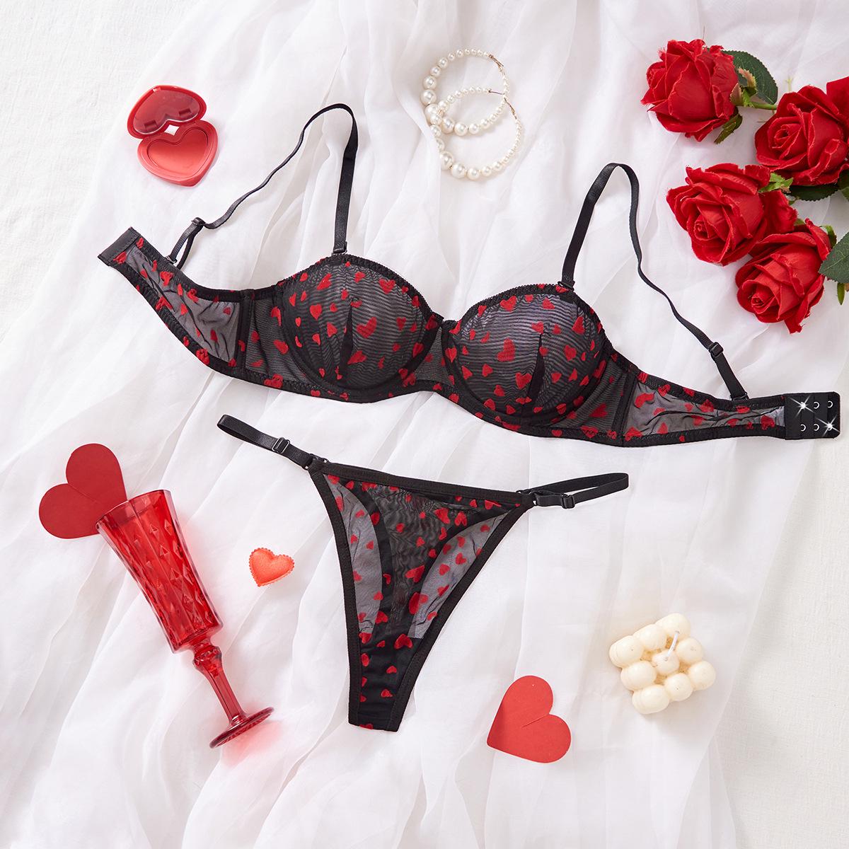 

Европейский и Американский Черный Кружевной Набор Нижнего Белья с Красным Сердцем - Романтичный, Сексуальный, Корректирующий и Удобный Комплект Бюстгальтера L