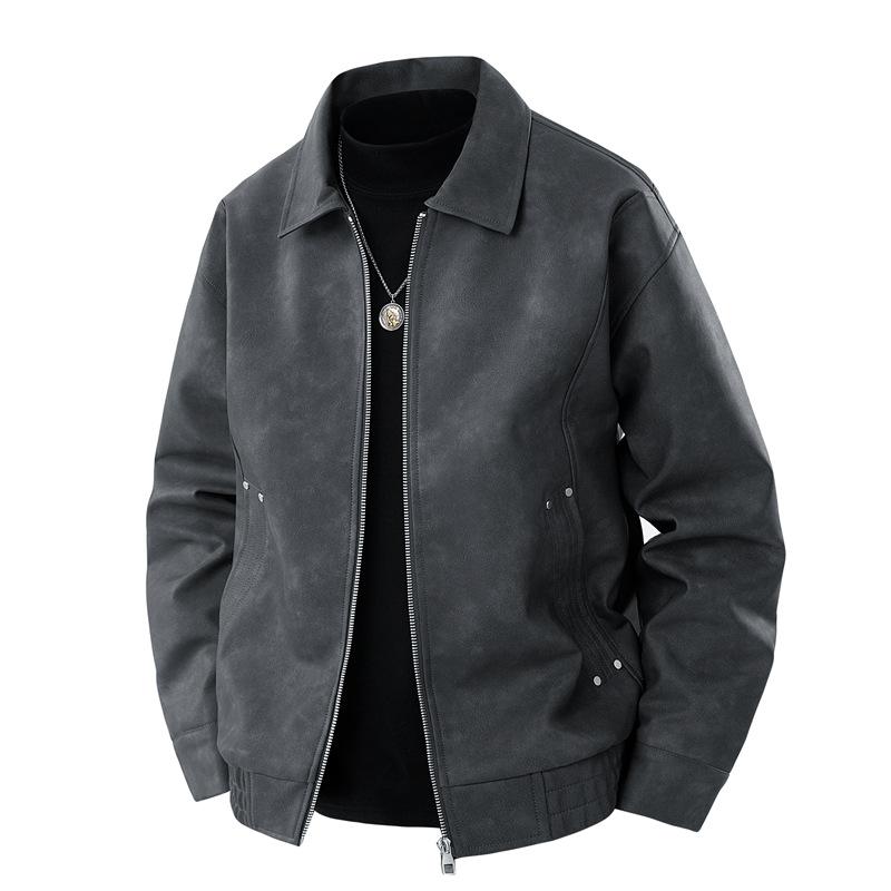 Men's Fashion Spring Autumn New American Retro Lapel Youth PU Leather Jacket Feeling Handsome Top Casual