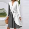 Women's Fashion Casual V-Neck Long Sleeve Waist Plaid Print Midi Dress