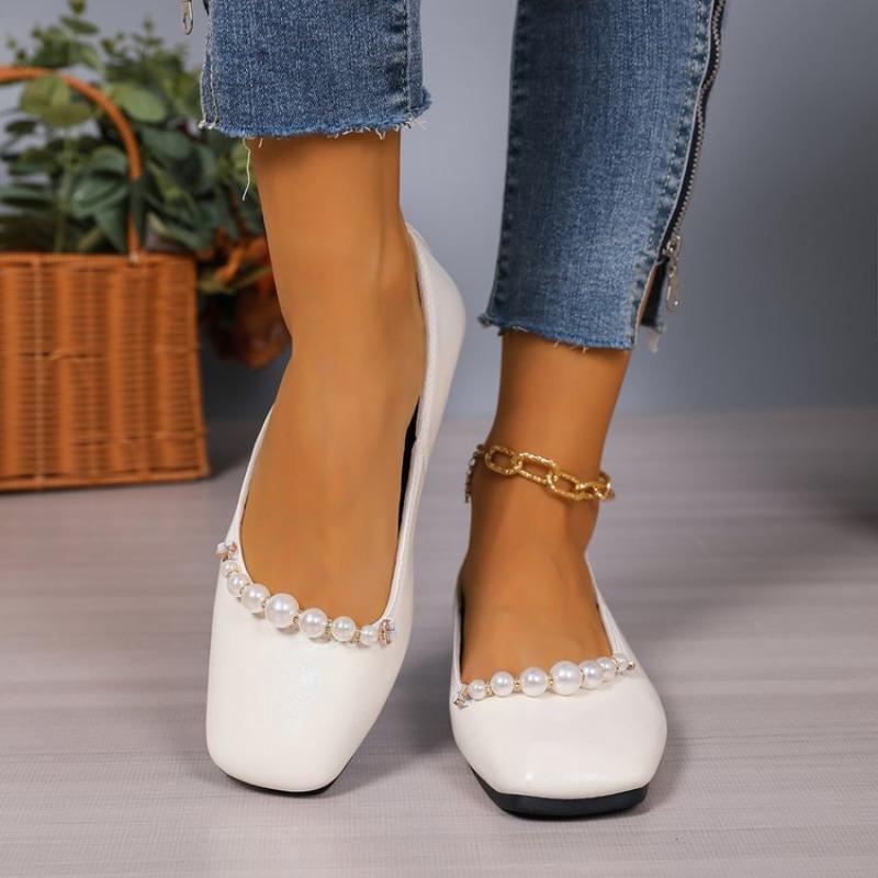 Women Square‑Toe Pearl Mary Jane Flats Soft Leather Ballet Shoes