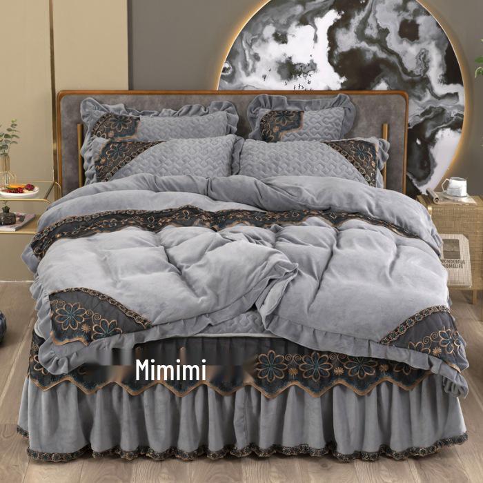 220g Quilted Bed Skirt Set: Warm Milk Velvet with Lace Embroidery (Four Pieces)