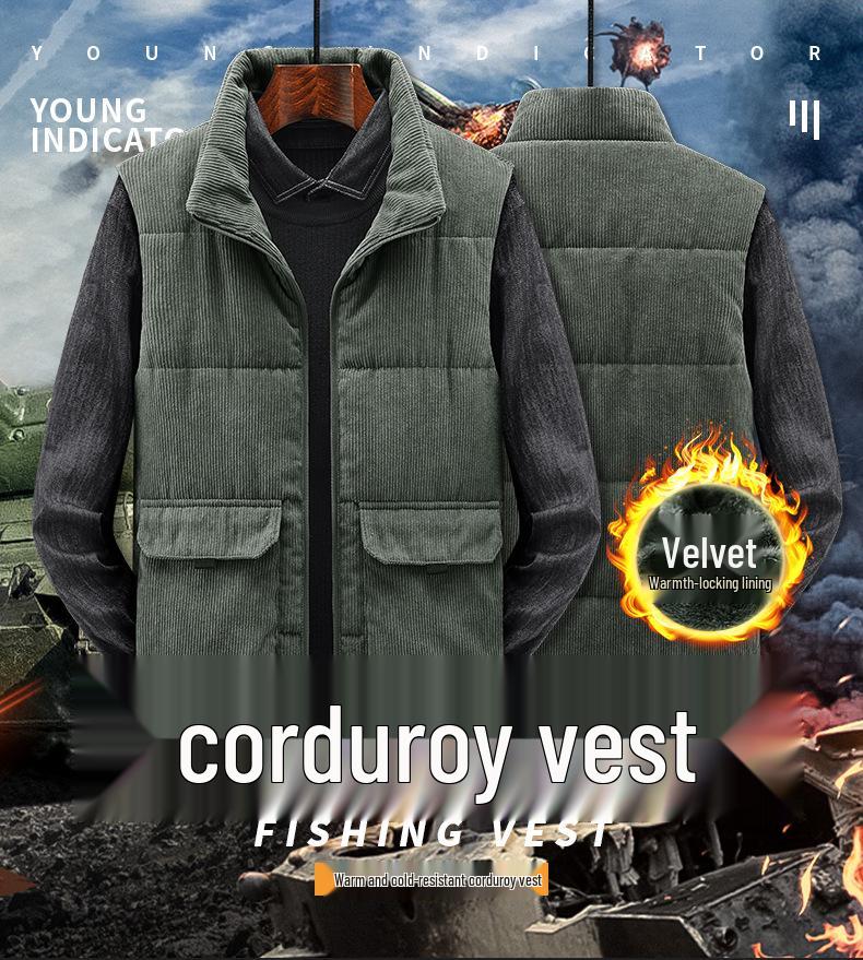 Pánská zimní fleecem podšitá manšestrová vesta - Silná, nadměrná velikost, stojáček, bezrukávová bunda s designem s více kapsami.