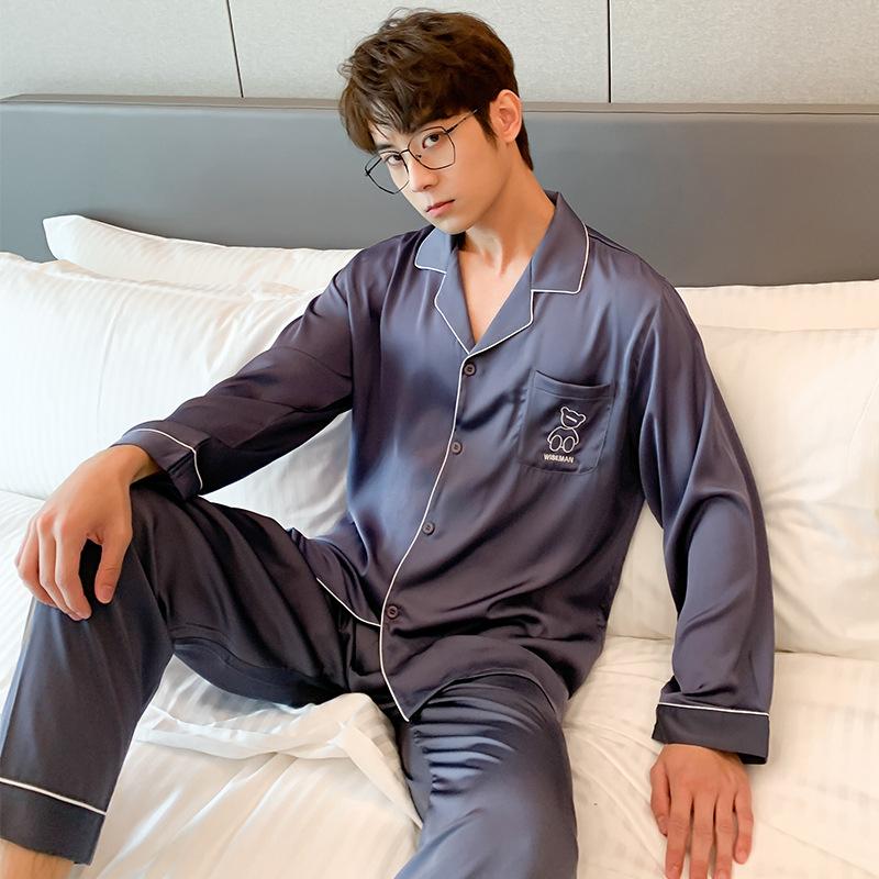 Couple pajamas, women's spring and autumn ice silk long-sleeve loose plus-size loungewear, autumn solid color set, men's 10111+N111