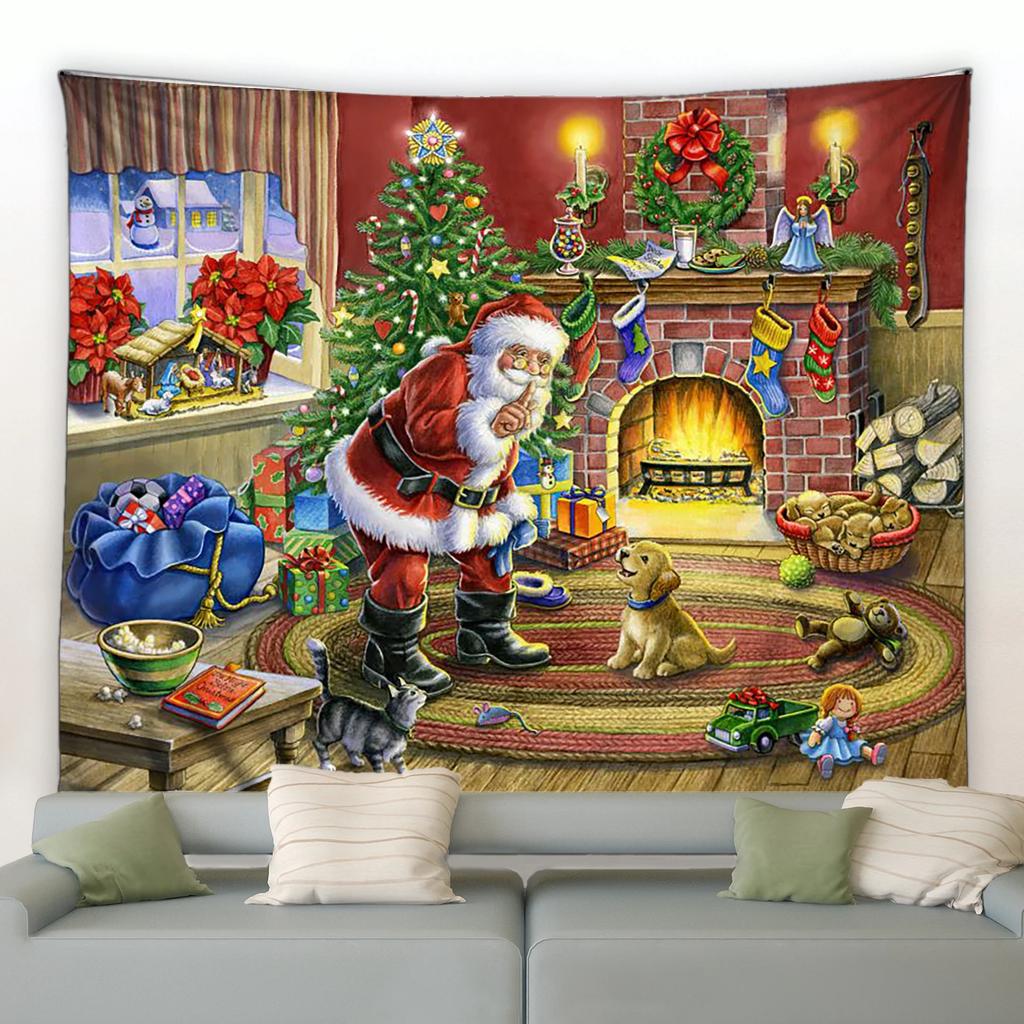 Christmas Tapestry Funny Santa Claus Xmas Tree Balls Gifts Fireplace Home Decor Art Wall Hanging for Dorm Bedroom Living Room
