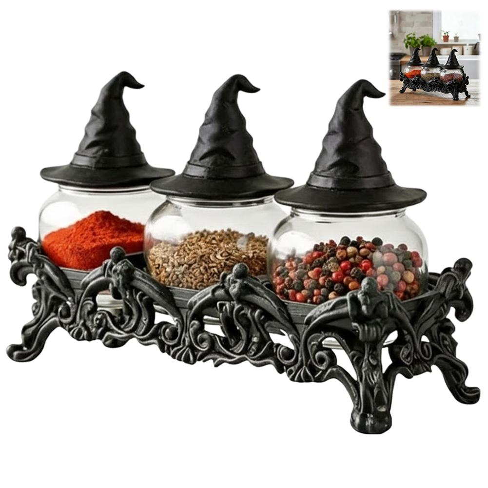 

3Pcs Handcrafted Witchy Hat Apothecary Spice Jars Seasoning Jars 3 Piece Frog Spice Jar Set Spice Containers For Salt Pepper