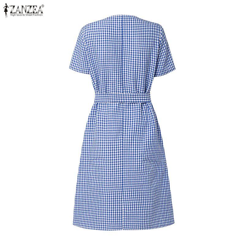 ZANZEA Women Casual V-Neck Summer Short Sleeve Plaid Print Dress